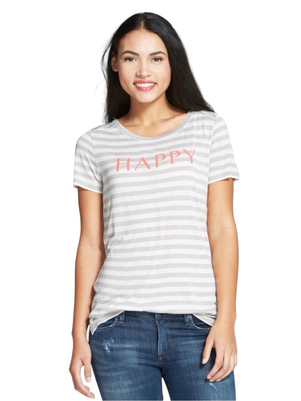 NWT Halogen Striped 'HAPPY' Short Sleeve Tee in Light Gray & Coral—Small